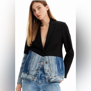 Desigual Denim Blazer Jacket Combo | Patchwork Chic | Size 40 | EUC Womens